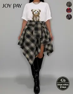 JOYPAY Plus Size Asymmetric Plaid Skirt with Trendy Tie Front High-Low Hemline for Casual Wear