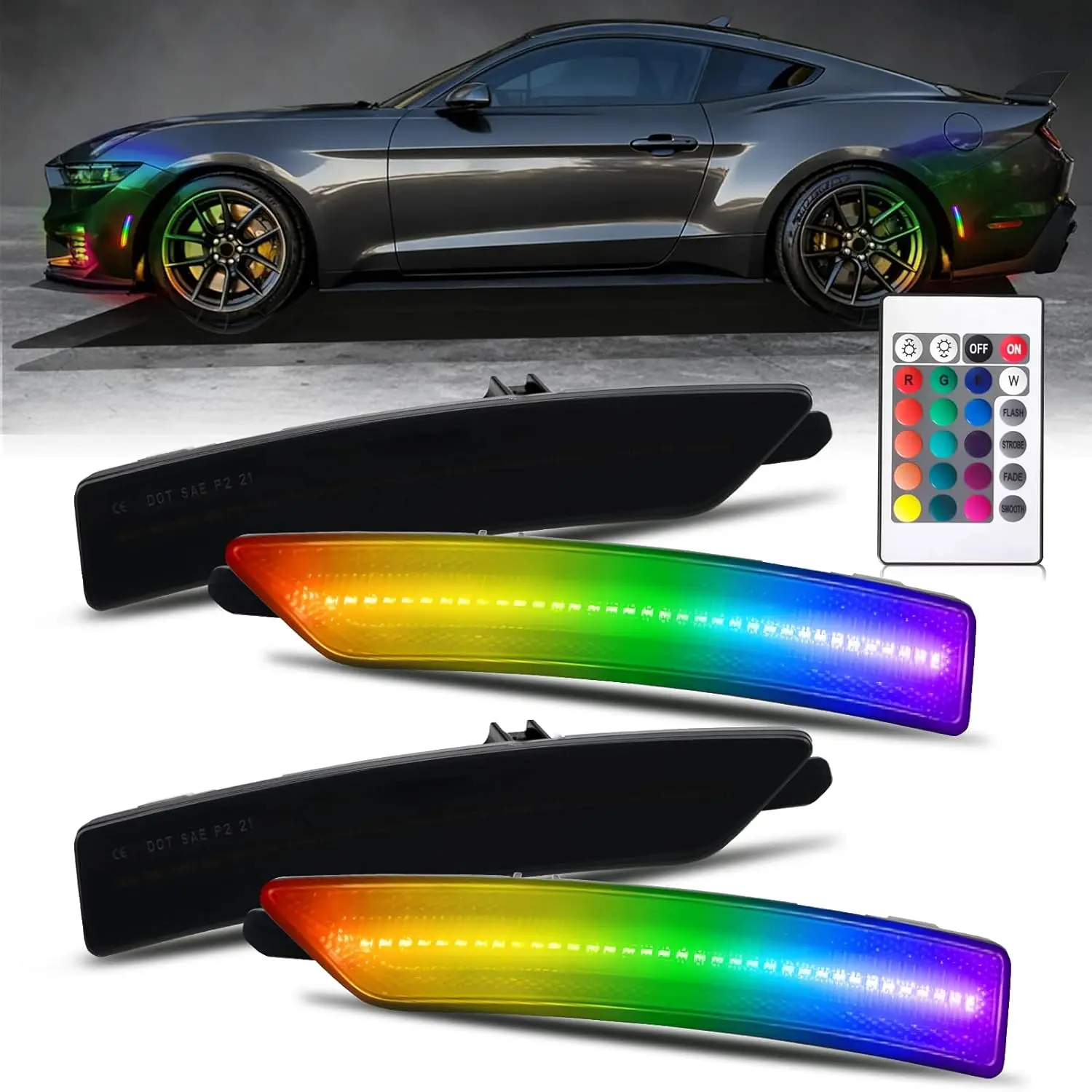RGB Full Led Smoked Lens Fender Side Marker Multi-Color Reflectors Lights, Compatible for 2024-Up Ford Mustang Gen7/S650,Assembly Front & Rear Side Bumper Marker Lights,Pack of 4