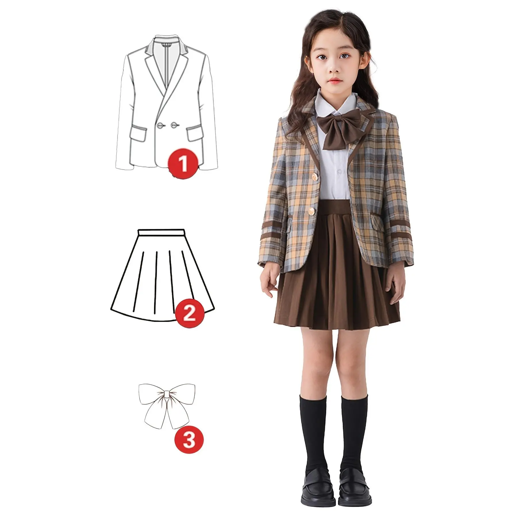 NewNoble Academy Style Uniform Set for Elementary Students, Autumn Class Uniform, International School Plaid Suit, Kindergarten Three-Piece Set (Suit + Skirt + Bow Tie)