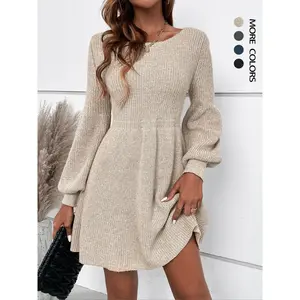 Women’s plain lantern-sleeve sweater dress, casual long-sleeve round-neck A-line dress for fall and winter, women’s knitwear for everyday wear