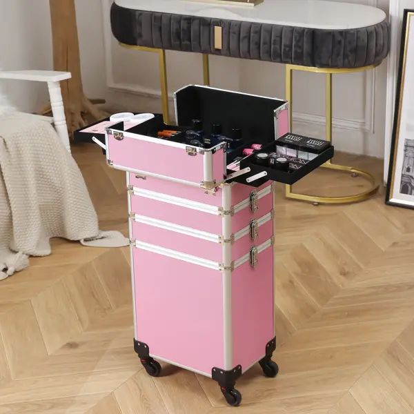 4 in 1 Rolling Aluminum Makeup Case Pink, Professional Trolley Cosmetic Organizer, Storage Box with Wheels & Locks