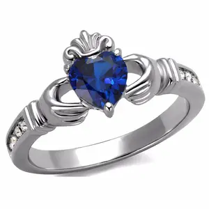 Women's 6x6mm Heart Cut London Blue CZ Stainless Steel Claddagh Ring