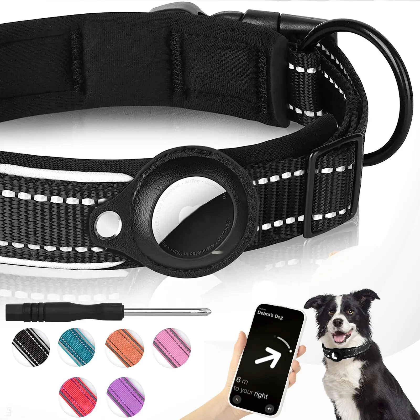 Portable Reflective Pet Collar with Air Tag Holder, 1 Count Adjustable Breathable Puppy Collar, Pet Supplies for Outdoor Walking Travel