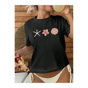Starfish Flower Seashell Graphic Tee For Women Cute Beachy Summer Shirt Casual Loose Fit Soft Crewneck Short Sleeve Vacation Outfit Top