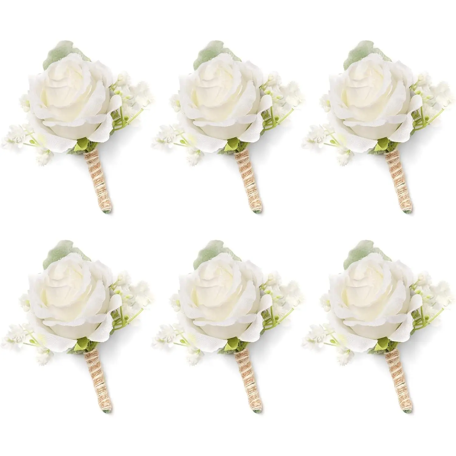 Everlasting Flowers Real-Looking Silk White Rose & Ivory Baby's Breath Boutonnieres Set of 6 for Groom, Groomsmen - Wedding, Prom Home Decor Hanging Decor