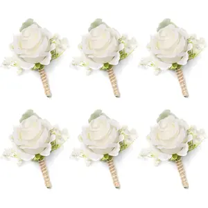 White Rose Boutonnieres for Men Wedding Ivory Baby's Breath Boutonniere for Best Men Groom Groomsmen Wedding Prom Homecoming Set of 6