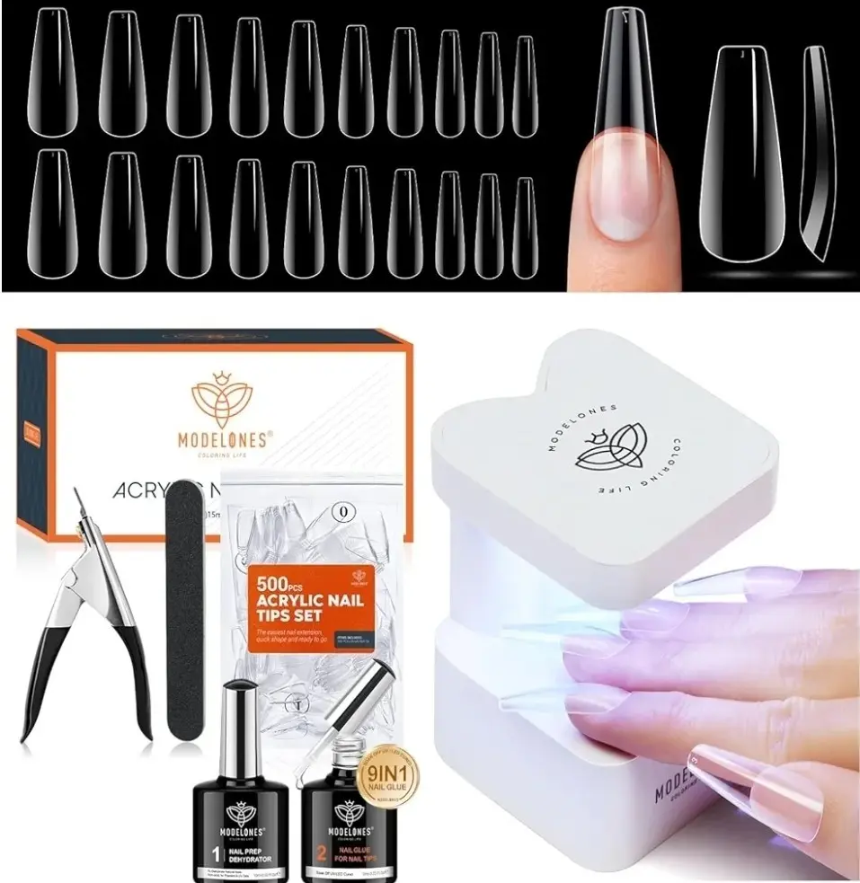 Gel Nail Kit with 500PCS Long Coffin Nail Tips, 9-in-1 Nail Glue Gel, Soft Gel Full Cover Tips, Nail Extension Kit for DIY Manicure & Nail Art