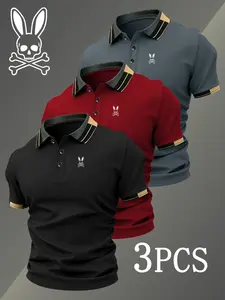 Men's Golf Polo Shirt Set, Skull Rabbit Print, Fitted Collared Shirt, Stretchy Breathable, Comfortable All-Season Wear, High-Quality