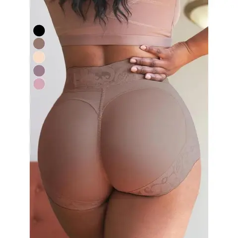 Fajas Women's Plain Contrast Lace High Waist Shapewear Panty Basic Minimalist Daily Wear Tummy Control Butt Fit Lifting Shaper Black Body Shaping Underwear Body Sculpting Compression