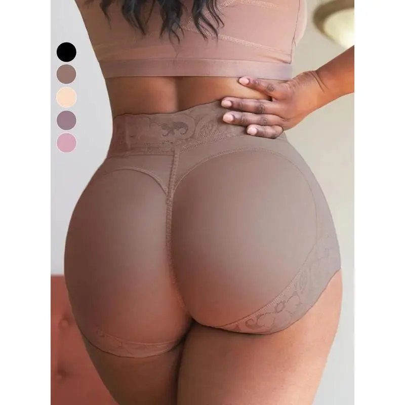 Fajas Women's Plain Contrast Lace High Waist Shapewear Panty Basic Minimalist Daily Wear Tummy Control Butt Fit Lifting Shaper Black Body Shaping Underwear Body Sculpting Compression