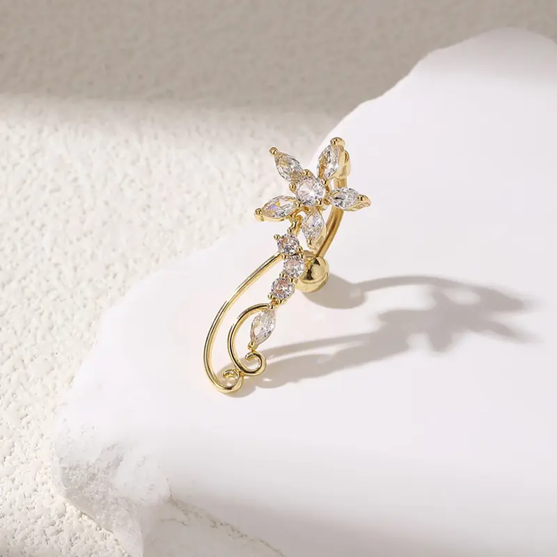 Women's Fashion Flower-Shaped Artificial Zircon Belly Button Ring, Clip Belly Piercing, Body Jewelry Piercing Accessory for Women, Party Wear, Navel Piercing Jewelry, Body Piercings, Body Jewellery