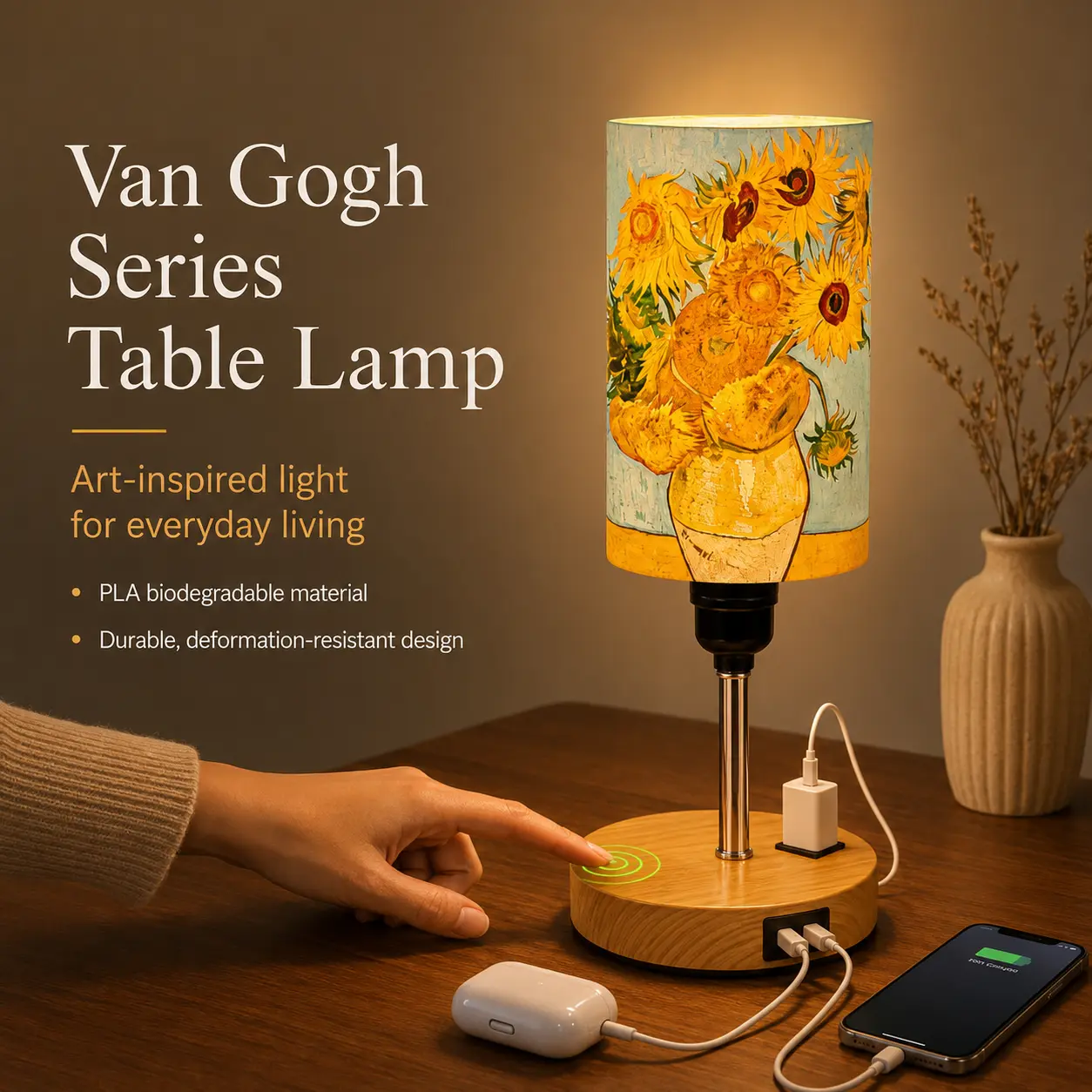CXTVOVZSSY Van Gogh Sunflowers UV-Printed PLA Table Lamp, Touch-Control Multifunctional Bedside Lamp, Built-In MagSafe Wireless Charging & USB-A/Type-C Dual Ports Solid Wood Base Desk Lamp, Luxurious Artistic Ambient Lighting for Villas, Studies, Boutique