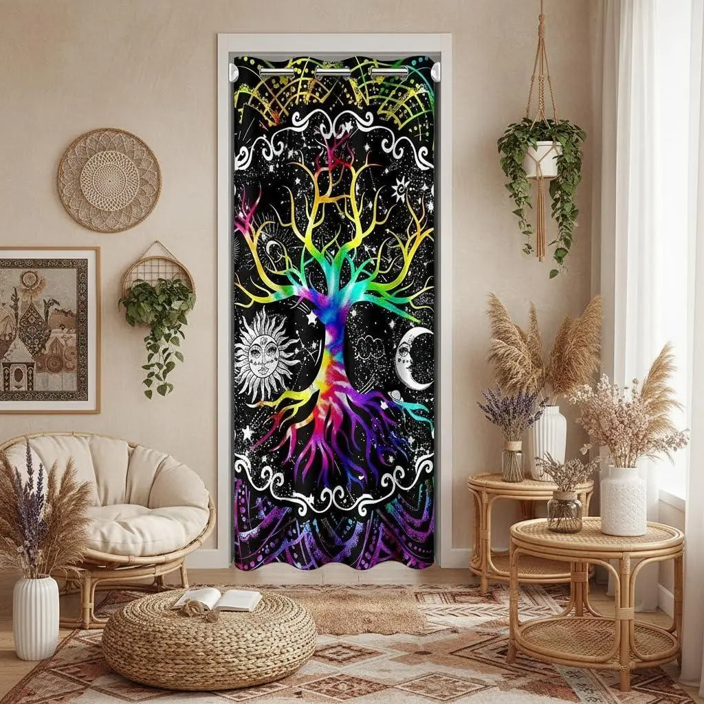 Trippy Sun And Moon Door Curtain Doorways Privacy,Black White Blackout,Tree Of Life Doorway Curtain,Stars Mandala Tribal Closet Cover