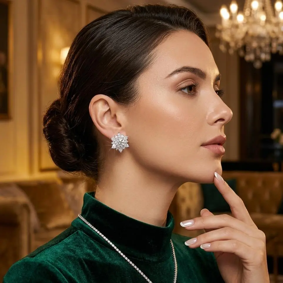 Snowflake Stud Earrings in S925 Sterling Silver, 9mm Artisanal Unisex Design with Moissanite or Zircon, Hypoallergenic for Casual Daily Wear, Easy Storage, Comfortable To Wear, Dual Styles, Friendly To Sensitive Ears, 925 Purity, Plug Earrings