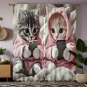2-Piece Cat Print Curtains, Fashion Rod Pocket Window Curtains for Bedroom and Living Room, Easy Installation for Coffee Shops and Offices