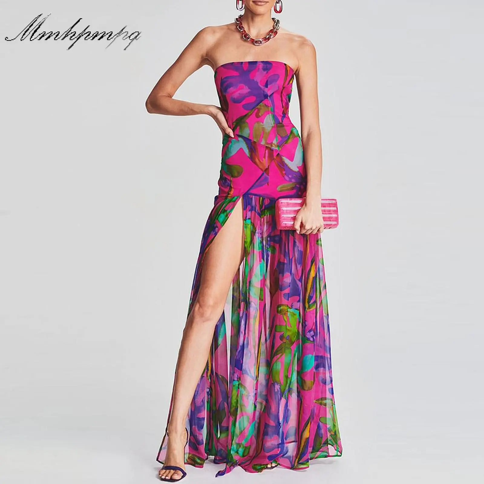 Women's Tube Top DressStrapless Backless Mesh Patchwork Tropical Leopard Print High Slit Long Dress for Party Club Night