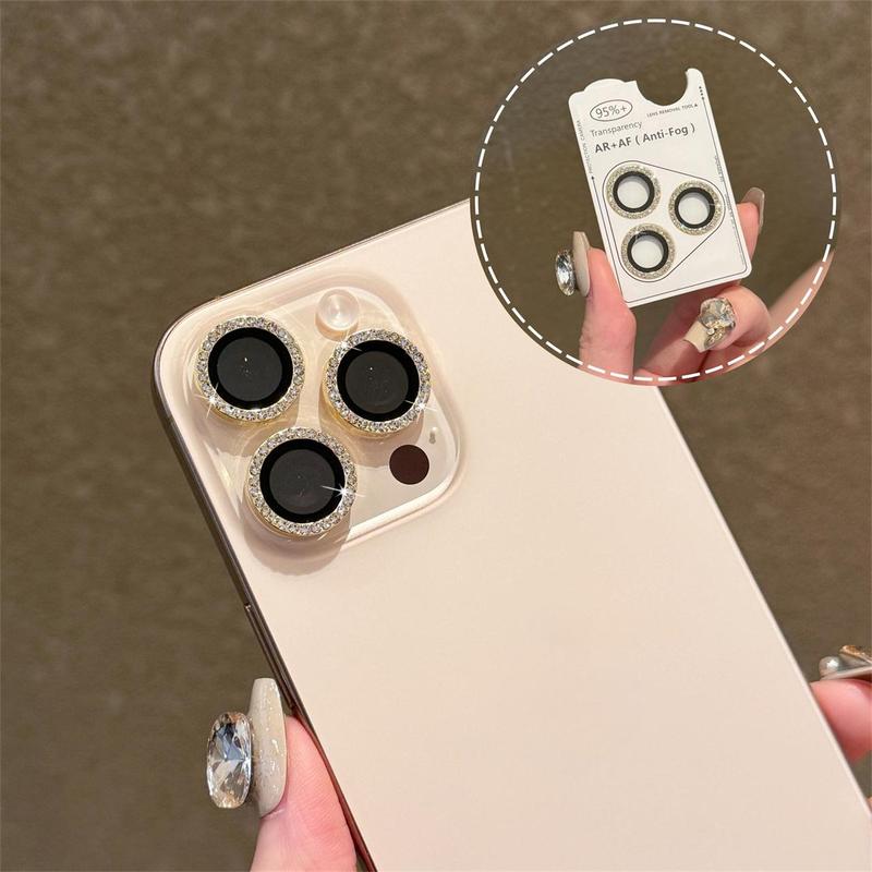 Phone Camera Lens Protector Sticker - Diamond Print Aluminum-Polycarbonate, High Clarity Tempered Glass Accessory with Second Stick Rocker for Multi-Model iPhones (16 Pro Max, 15, 14/14 Plus, 14 Pro/14 Pro Max)