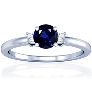 Untreated Blue Sapphire Round and Diamond Three Stone Ring - (14k White Gold)- R65490REBS