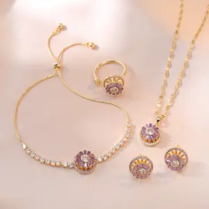 5PCS Trendy Rotating Purple Jewelry Set, Earrings, Ring, Necklace, Bracelet, Titanium Steel Necklace Super Flash Micro Inlaid Zircon Clavicle Chain