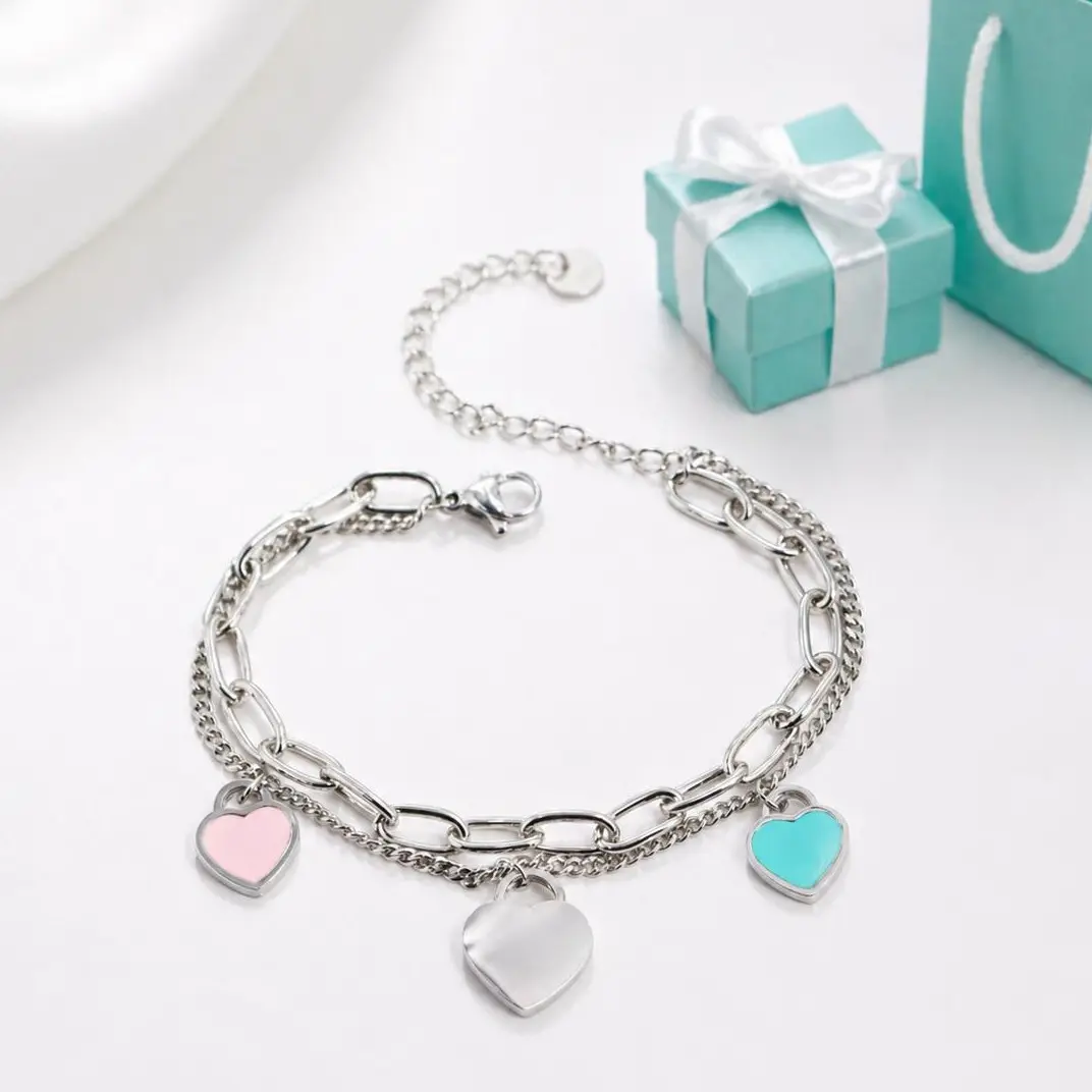 Women's Timeless Love Charm Bracelet - Adjustable Stack Link Bracelet, 21cm/8.27inch Multilayered Bangles, Dainty Feminine Double-Chain, Minimalist Enamel Heart Locks, Unisex Everyday Accessory, Ideal Gift, Adjustable Stack Bracelets