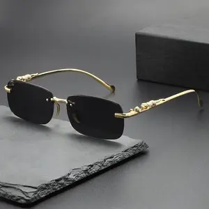 European and American Retro Rimless Beveled Long Square Narrow Frame Sunglasses for Men and Women Round Face Slimming Polygonal Small Frame Sun Glasses Oversized Aviator with UV Protection airport  sunglasses travel   Leopard Double  Heptagram Sunglasses