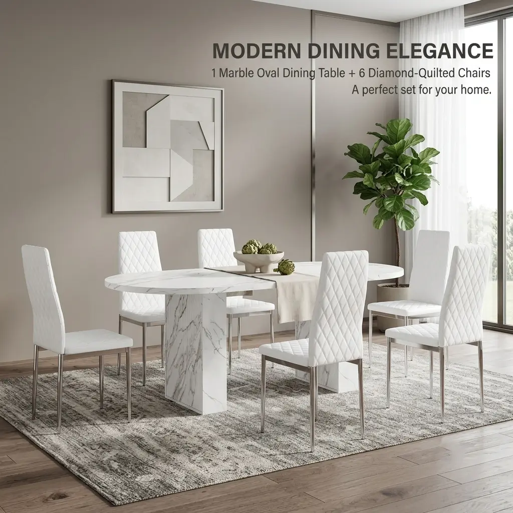 Modern 7-Piece Oval Dining Table Set, 63" Farmhouse Table with 6 High-Back Diamond Tufted PU Leather Chairs, Polished Chrome Legs, Waterproof Scratch-Resistant Surface, Easy Assembly for Kitchen & Dining Room