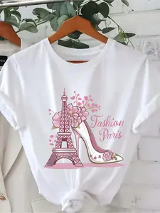 Women's Black Parisian-Inspired Eiffel Tower & Floral Graphic Tee - Soft Short Sleeve Crew Neck Relaxed Fit T-Shirt Casual Summer & Spring Top For Travel Vacation Outdoor Vacation Clothing Fashionable Paris Theme Comfortable Fabric Vibrant Digital Printgr