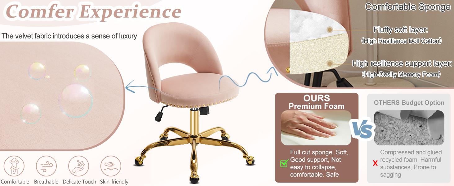Karlhome  Modern Velvet Small Office Chair,Cute Desk Chair with Wheels,Gold Base/Studs, Comfy Armless Swivel Vanity Task Chair for Women/Girl/Kids, Nail Tech Chair for Bedroom,Small Space,Pink