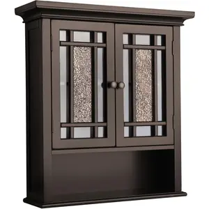Removable wall mounted medicine cabinet above toilet with 1 fixed shelf and 1 adjustable shelf, 3 storage spaces, 2 glass mosaic doors and brushed bronze knobs, dark coffee