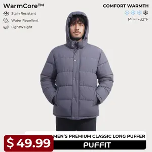 PUFFIT WarmCore Men's Premium Detachable-Hood Puffer Classic Lightweight Winter Coat, Windproof, Water-Repellent, Adjustable Drawstring Design