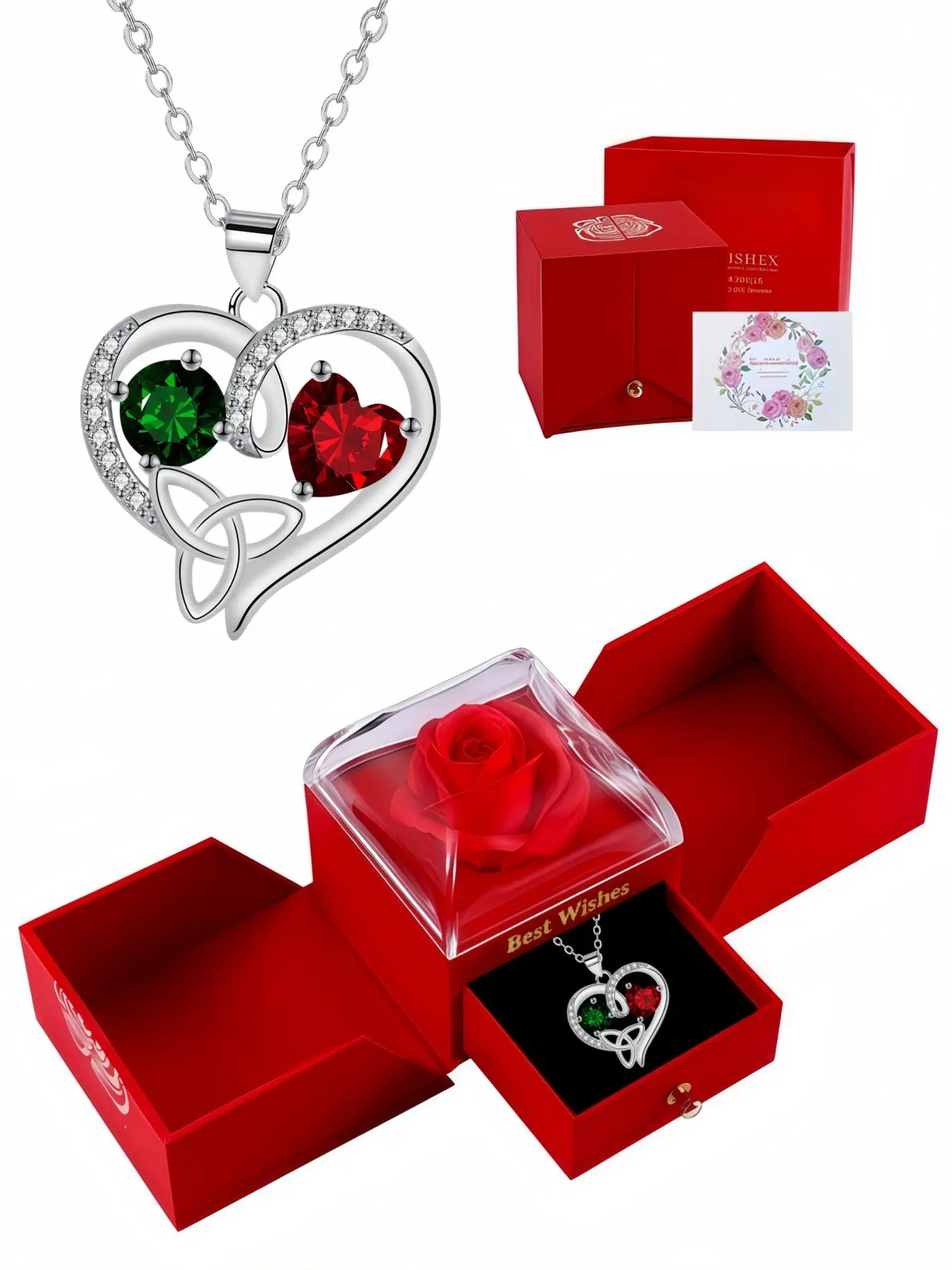 Crimson Green Celtic Heart Necklace Romantic Celtic heart gem necklace with elegant temperament. Paired with a surprise double-door preserved rose jewelry box, it is a perfect gift for birthdays, Mother’s Day and Valentine’s Day.