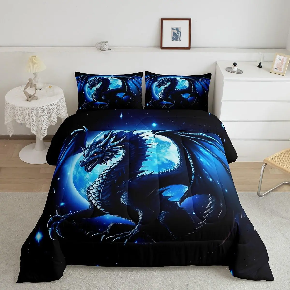 Dragon Comforter Set,Starry Sky Moon Night Bedding Set Men Room Decor,3D Animals Quilt Set Western Dragon Black Blue Duvet Insert