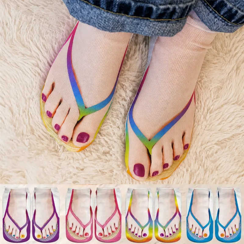 Women's 4-Pair Bold Graphics Low-Cut Ankle Socks - 3D Flip Detail, Nail-Print Design, Casual Style, Personalized Fit (Suitable for Men)