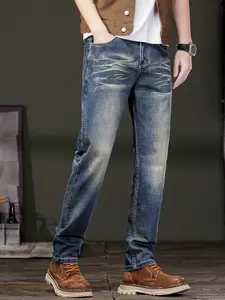 Men's Spring Autumn Selvedge Denim Jeans Regular Fit, Stone Washed Ripped Trendy Casual Jeans, Sharp & Stylish, Durable Stain-Resistant for Outdoor Leisure & Work