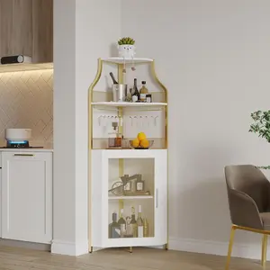 Elegant Corner Wine Rack Cabinet with Detachable Wine Rack, Glass Holder & Mesh Door - Liquor Storage with Baffle Design, Adjustable Shelves, Perfect for Living Room, Compact Home Bar Furniture