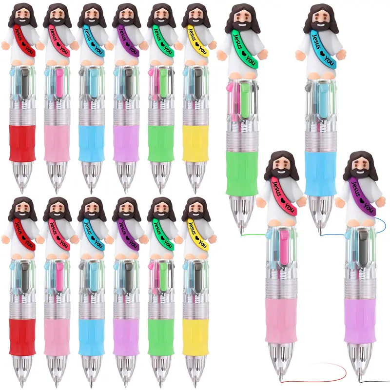 12/24/50Pcs Mini Multicolor Jesus Pen 4-in-1 Jesus Ballpoint Pen for Teacher Students Classroom Rewards Bible Verse Pen for Church Trunk or Treat Sunday School Baptism Gift Coworker Employee Appreciation Gift Non candy Goodie Bag Stuffers