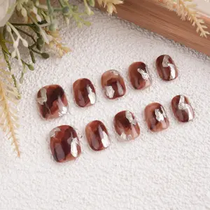 Handmade Silver and Caramel Smudged Press On Nails,Short oval,Reusable Premium Manicure for Birthday Party,Wedding,Fall Gifts - Cutics