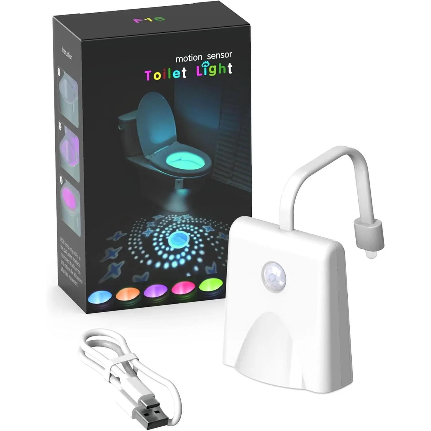 USB Rechargeable Toilet Night Light - Type-C USB Powered, IP68 Rated, 16-Color RGB LEDs, Adjustable Motion-Sensor Starry Sky Projection, Bathroom Decoration Accessory, Funny Gift for Friends (1PCS, Includes Charger)