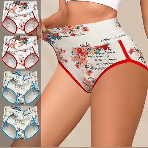 QUASTI Women's 4/6-Piece Elegant Cotton High-Waisted High-Cut Lace Panties, Skin-Friendly Full Coverage Basics,Slimming Hip-Lifting Stretch Seamless Breathable Underwear for Daily Wear (S-XXL, 2 Mix Colors)