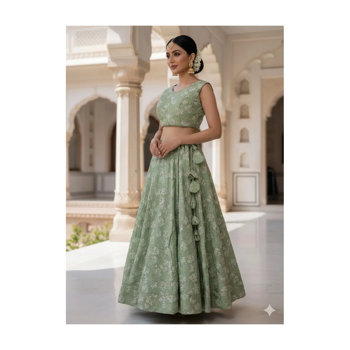 #K38 Sage Green Embroidered Lehenga Choli Set with Padded Blouse &  Unstitched Attached Sleeves.