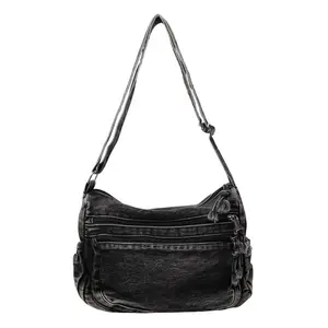 BIGWIG Ladies' Solid Color Retro Multi-Pocket Denim Crossbody Bag - Adjustable Shoulder, Handbag Sling, Athletic Design for Daily Commuting & Easy Matching, Adjustable Shoulder Bag