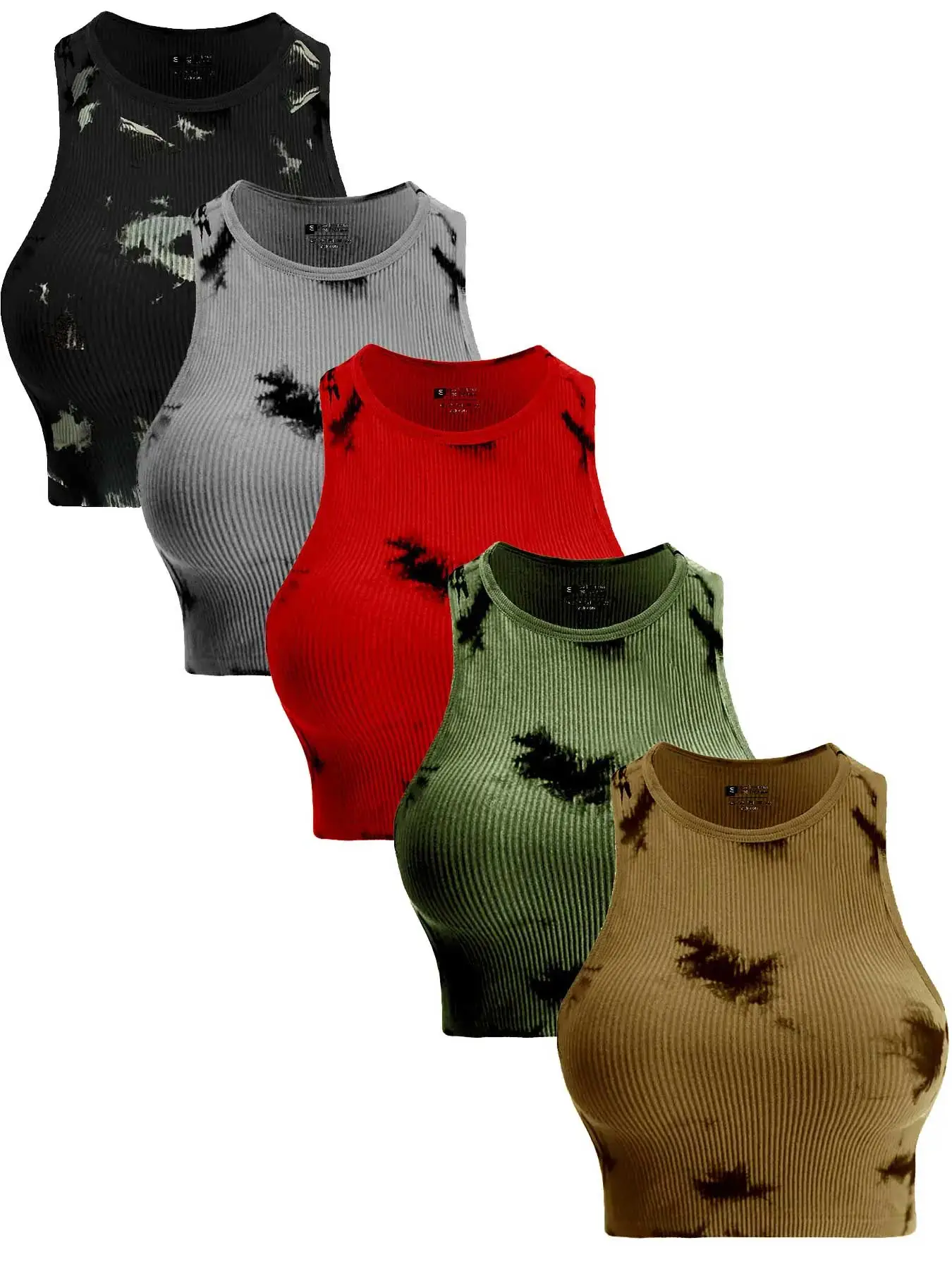 Women's 5pcs Tie Dye Print Round Neck Sports Vest, Casual Sporty Sleeveless Ribbed Tank Top for Tennis Pickleball Yoga Gym Workout Running, Gym Wear