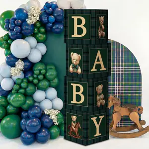 Luxury Equestrian Bear  Shower Decoration Green Blue Tartan Plaids Balloons Bear  Shower Boxes   Party Decor First Birthday Backdrop Elegance Supplies