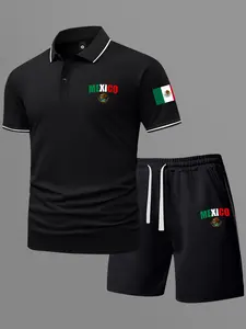 Men’s summer regular-fit cotton short-sleeve polo shirt and shorts set with Mexican flag theme; Mexican flag print. Fashionable casual menswear for going out: pocketed athletic elastic-waist drawstring shorts. Two-piece set suitable for running, golf, fis