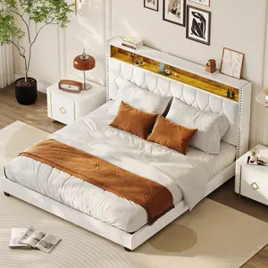 King Size Bed Frame  Button Tufted Upholstered Headboard Platform Bed with Charging Station and Bookcase  Easy Assembly Bed Frame With Light  Noise-free  Stable  No Box Spring Needed