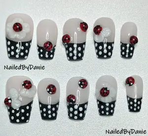 3D Flower | Ladybug | Polkadot French Manicure Nail Set (Short Length to Long Length)