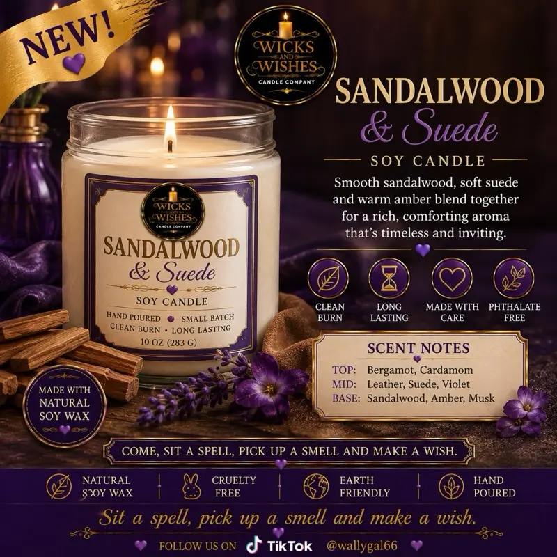 Wicks & Wishes 10 oz Sandalwood & Suede Soy Household Candle - All-Natural Musky Blend, Calm Vibes Aroma, Home Room Decor Fragrance, Made in the USA, Long Burn
