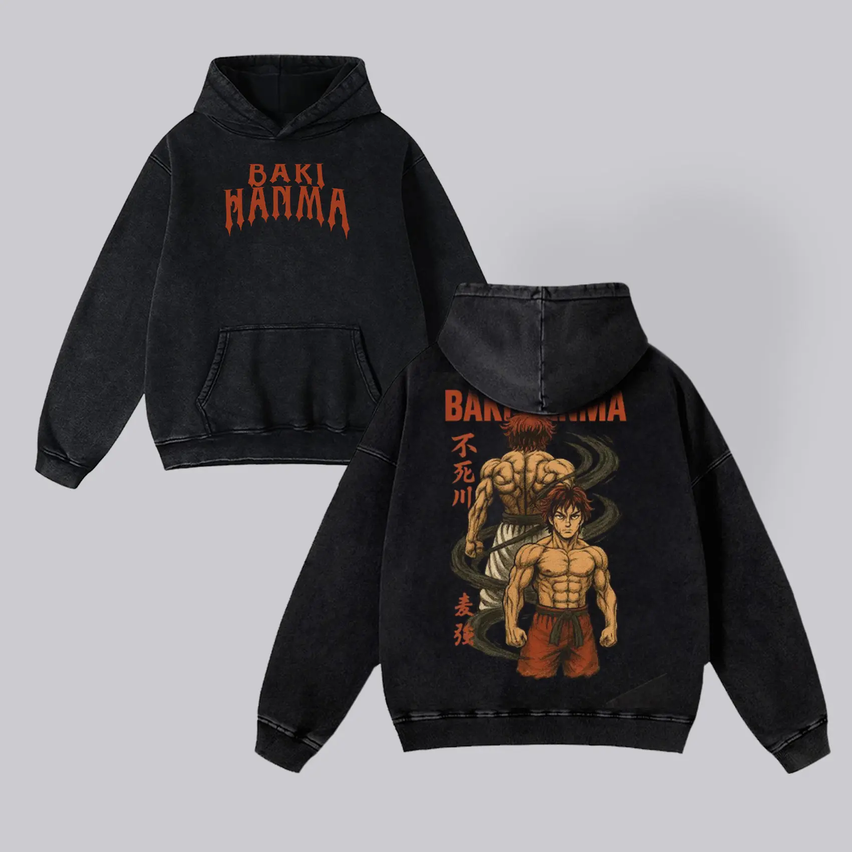 BAKI HANMA Classic Men's Washed Hoodie Sweatshirt Short Sleeve Printed Streetwear Fabric Anime Boxing Menswear Seamless Gift Fans