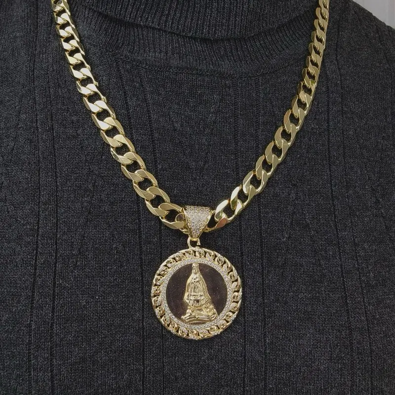 ViOrO 14K Gold Plated 10mm Cuban Link Chain for men with Virgen Maria Pendant for Dairy Use. Electro Laminated Premium Jewelry