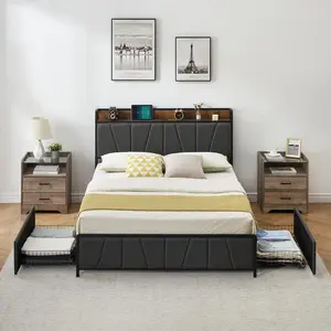Queen Size Bed Frame with 2 Storage Drawers, Linen Upholstered Platform Bed Frame with Storage Headboard and Charging Station, Heavy Duty, No Box Spring Needed, Gray